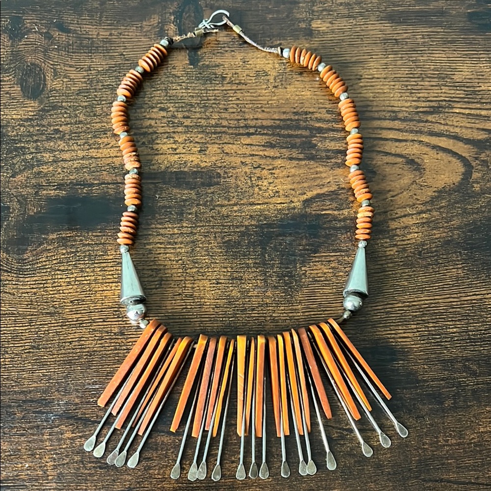 Faux Wood and Silver Necklace